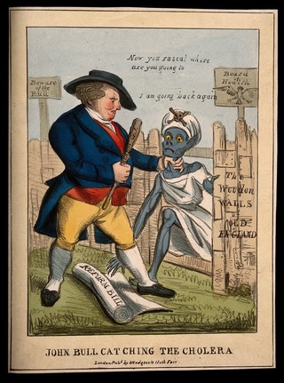 John Bull defending Britain against the invasion of cholera; comparing the Reform Bill to the cholera epidemic. Coloured lithograph, c. 1832.