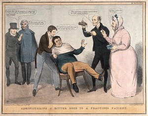 view A man being restrained in a chair while a doctor and nurse prepare to give him some medicine; referring to English politicians' feelings towards Daniel O'Connell. Coloured lithograph by J. Doyle, 1833.