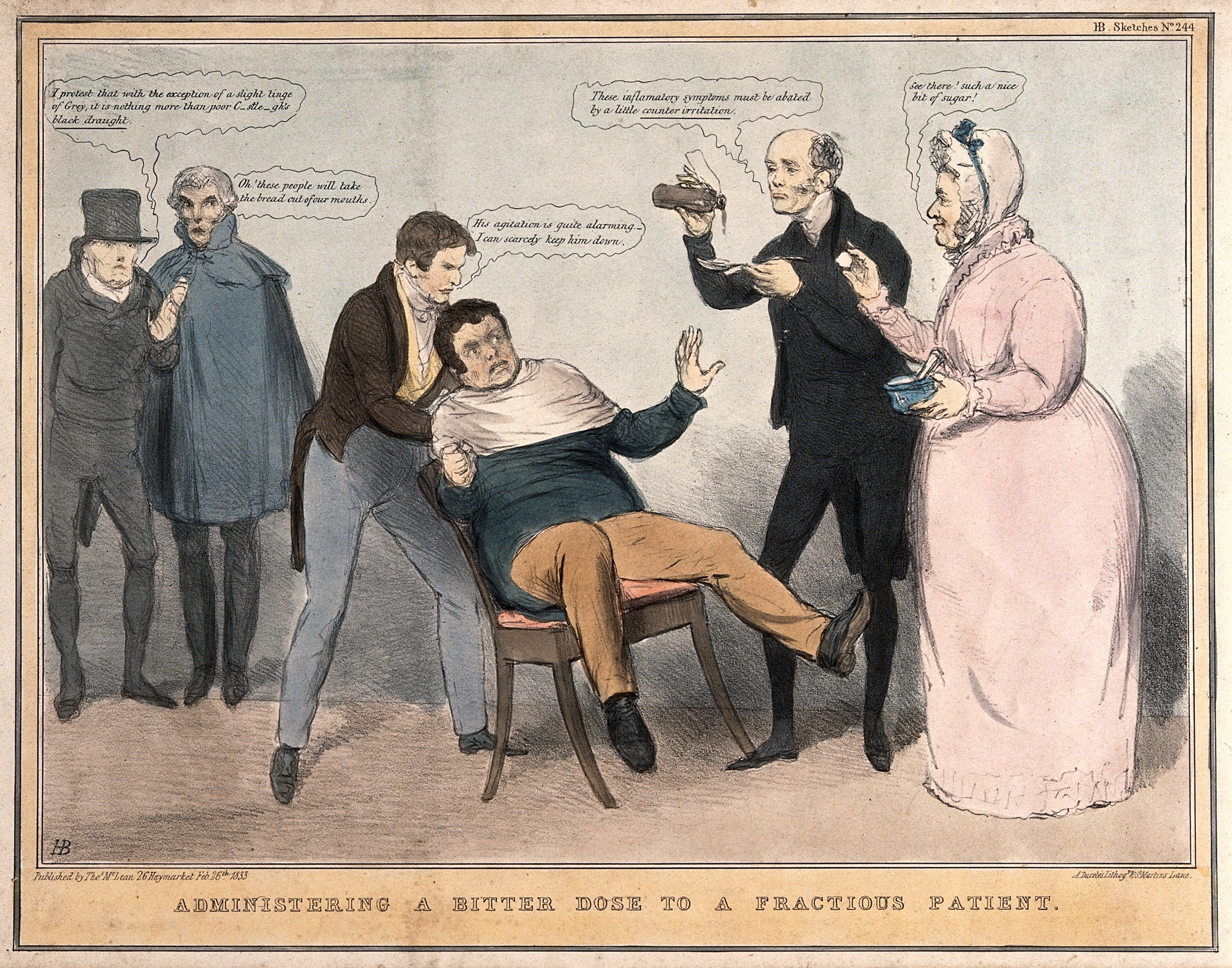 A man being restrained in a chair while a doctor and nurse prepare to give him some medicine; referring to English politicians' feelings towards Daniel O'Connell. Coloured lithograph by J. Doyle, 1833.