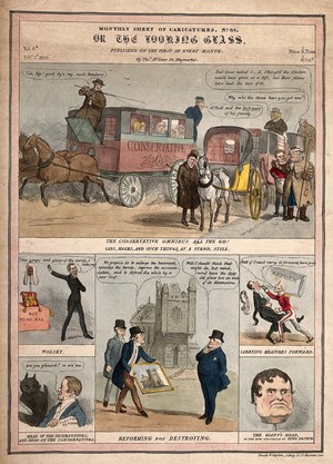 view Vignettes of Peel's first ministry. Coloured lithograph, 1835.