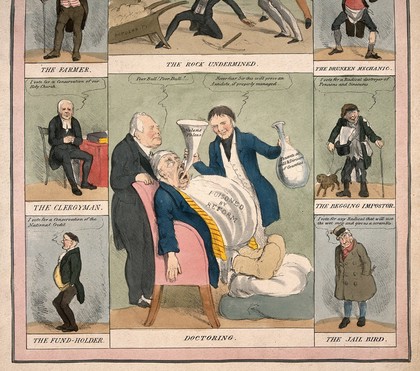 Vignettes of Peel's first ministry surrounded by eight figures representing certain professions. Coloured lithograph, 1835.