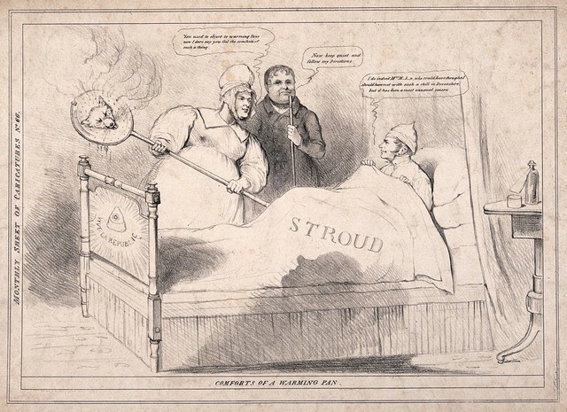 A sick man in bed, offered a warming pan by his maid and advice by his physician; representing Lord John Russell being given a seat at Stroud by Melbourne after his defeat in South Devon, looking for support to the radical Daniel O'Connell. Lithograph, 1835.