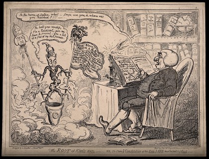 A staunch magistrate surprised by the apparition of a radical demon. Etching by G. Cruikshank, 1835.
