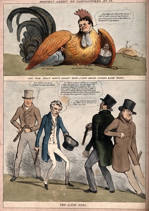 view Top: Daniel O'Connell as a cock supported by Jewish finance and the Roman Catholic church; below, O'Connell withdrawing from fighting a duel (?). Coloured lithograph by Robert Seymour, 1835.