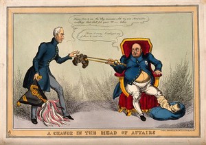 view The gouty George IV using tongs to pass his discarded wig to Wellington; representing the Duke's appointment to office as First Lord of the Treasury. Coloured etching by W. Heath, 1828.