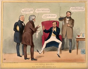 A giant holding a crozier with a cap of liberty points menacingly to Daniel O'Connell who stands on the brink of a precipice. Coloured lithograph by H.B. (John Doyle), 1843.