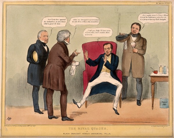 A patient refusing the prescriptions of opposing doctors; referring to Russell's refusal to take any further part in electoral reform. Coloured lithograph by John Doyle, 1837.