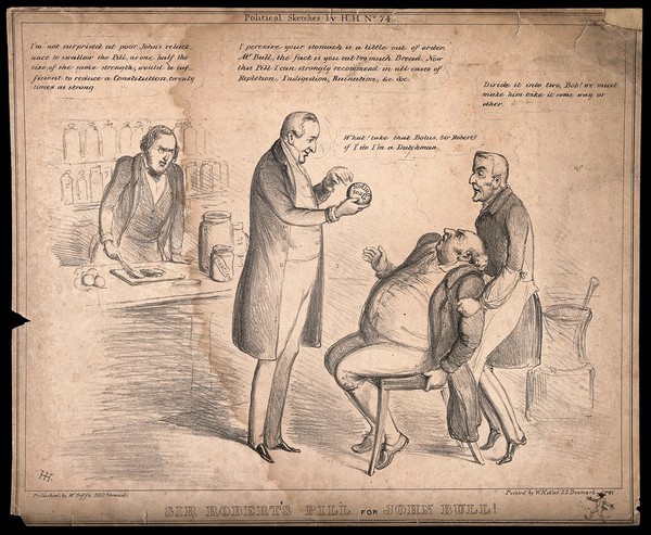 Caricature: John Bull in Apothecaries shop