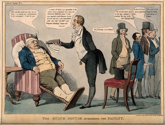 Peel about to force-feed a large tablet to John Bull in an apothecaries shop; representing England at the hands of the politicians. Lithograph by H. Heath.