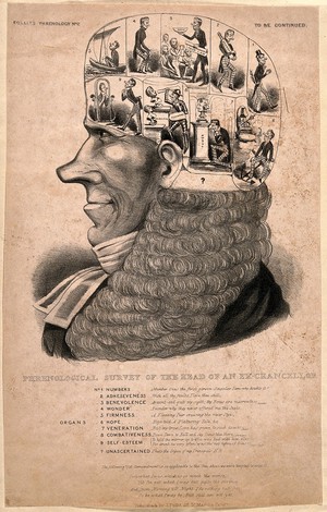 view Phrenological head of Baron Lyndhurst as former Lord Chancellor. Lithograph attributed to J. Doyle, ca. 1844.