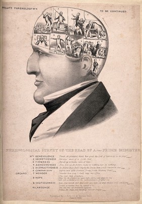 Phrenological head of Sir Robert Peel as Prime Minister of the United Kingdom. Lithograph, ca. 1844.