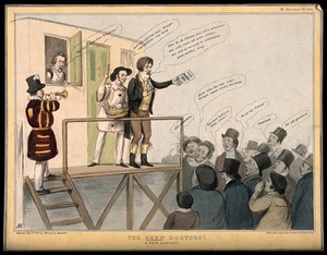 view A quack and a clown on stage presenting their wares to a hostile audience; referring to various politicians reactions to the replacement of the fixed duty on corn. Coloured lithograph by J. Doyle, 1841.