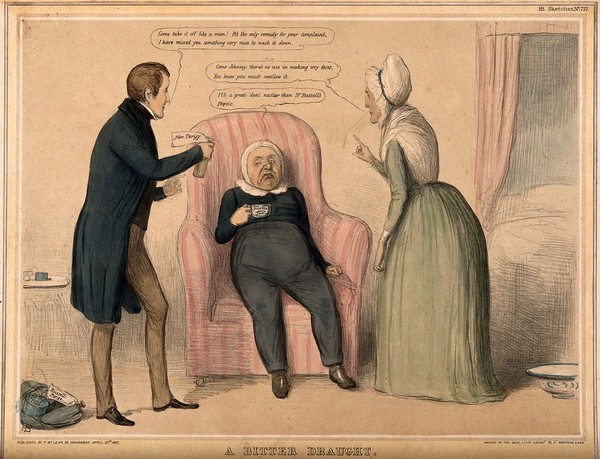 A doctor and nurse prescribing new medicines for their patient; representing Britain under a new government. Coloured lithograph by J. Doyle, 1842.