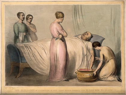 John Bull being bled while lying in bed and surrounded by four women; referring to Britain being drained of resources by Peel's new government. Coloured lithograph by J. Doyle, 1842.