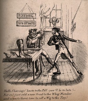 view A man rushing into a barber-surgeons' shop to inform the practitioner of the imminent need to vote. Lithograph.