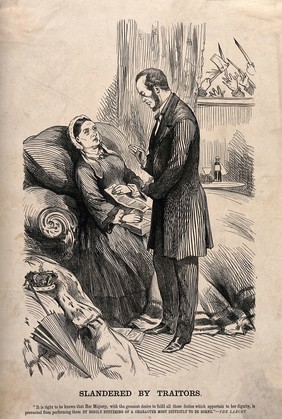 Queen Victoria in mourning for Albert, her subjects outraged at her neglect of duties. Wood engraving, c. 1861.