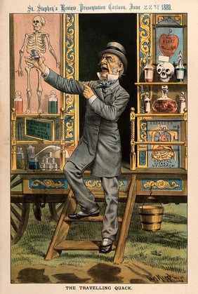 W.E. Gladstone as a quack doctor selling remedies from his caravan; representing his advocacy of the Home Rule Bill in Parliament. Chromolithograph by T. Merry, 1889.