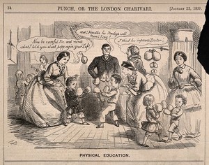 view Children encouraged by their teachers to box as a positive and healthy recreation. Wood engraving by J. Leech, 1858.