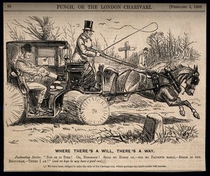 view A doctor changing into hunting clothes in his carriage while rushing to join a fox-hunt. Wood engraving by John Leech, 1859.