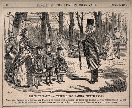 Three children automatically putting out their tongues for inspection upon meeting the family doctor in Kensington Gardens. Wood engraving after J. Leech, 1861.