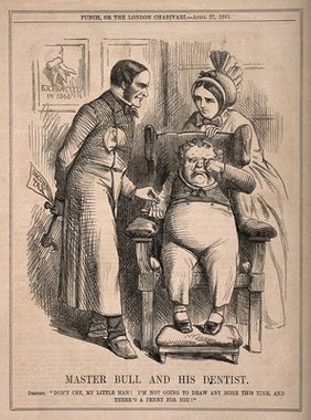A dentist giving John Bull a penny after extracting a tooth; representing the effects of income tax on Great Britain. Wood engraving, 1861.