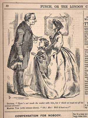 view A doctor examining a boy patient who is with his mother, recommends abstinence from meat and dairy products: the boy misunderstands the remedy. Wood engraving by JB, 1863.