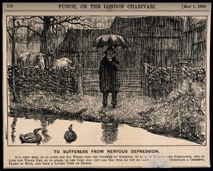 view A depressive man standing by a country pond in the pouring rain - not helping his state of mind. Wood engraving, 1869.