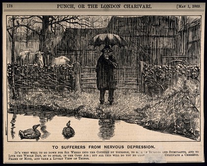 A depressive man standing by a country pond in the pouring rain - not helping his state of mind. Wood engraving, 1869.