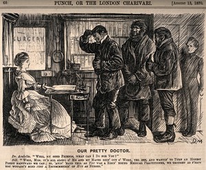 view An attractive female doctor being approached by three burly men enquiring about nursing work. Wood engraving by G. Du Maurier, 1870.