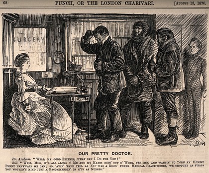 An attractive female doctor being approached by three burly men enquiring about nursing work. Wood engraving by G. Du Maurier, 1870.