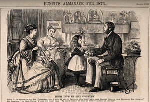 view A snobbish mother resistant to her daughter's doctor using a vaccine from their neighbour's child. Wood engraving by G. Du Maurier, 1872.