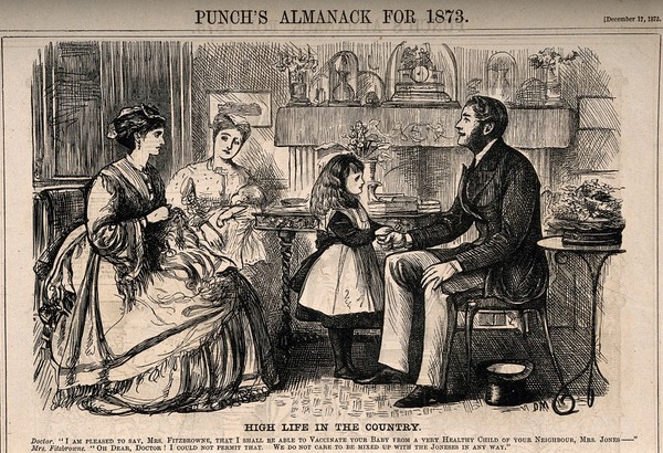 A snobbish mother resistant to her daughter's doctor using a vaccine from their neighbour's child. Wood engraving by G. Du Maurier, 1872.