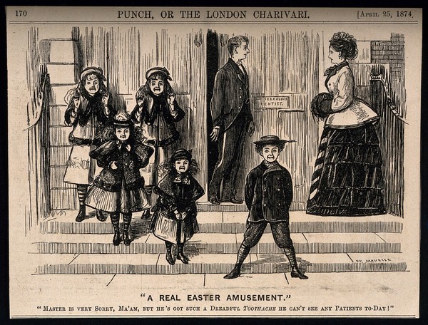 A mother and her five delighted children turned away from their dentist's at Easter because he has toothache. Wood engraving by G. Du Maurier, 1874.