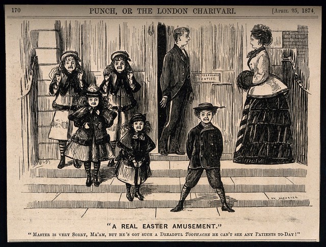 A mother and her five delighted children turned away from their dentist's at Easter because he has toothache. Wood engraving by G. Du Maurier, 1874.