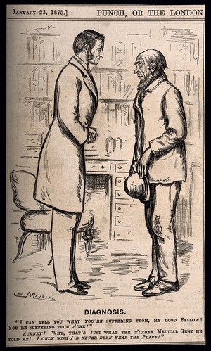 view A working class patient misunderstanding his doctor's diagnosis of acne as the illness being caused by his having been to Hackney. Wood engraving by G. Du Maurier, 1875.