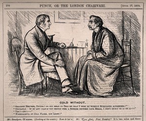 view A patient dismayed at his doctor's advice not to drink any alcohol while recovering from a cold. Wood engraving by G. Du Maurier, 1875.