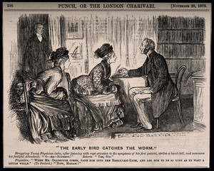 view Two female patients taking advantage of a young inexperienced doctor's desire to please by taking up too much of his time. Wood engraving by G. Du Maurier, 1875.