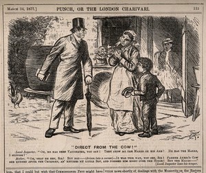 view A health inspector dismayed to discover that a mother thinks her child has been vaccinated because he has been butted by a cow. Wood engraving by C. Keane, 1877.