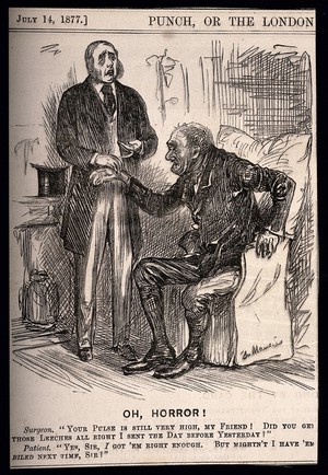 view Misunderstanding between a doctor and his working-class patient, who has swallowed the leeches he prescribed. Wood engraving by G. Du Maurier, 1877.
