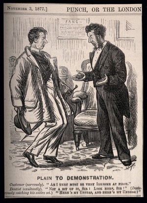 view A dentist demonstrating the adaptability of false teeth to an apprehensive patient by taking out his own. Wood engraving by C. Keene, 1877.