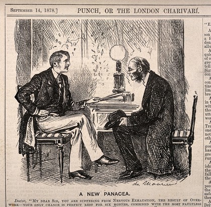 A doctor suggests to an exhausted patient that he commit theft and spend some time locked in a police cell in order to regain his health. Wood engraving by G. Du Maurier, 1878.