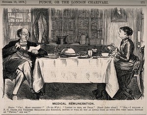 view A doctor reading out a letter from a dissatisfied patient to his wife over breakfast. Wood engraving by C. Keene, 1878.