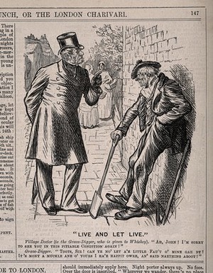 view A doctor reprimanding the drunkenness of the village grave-digger, who retorts that he does not criticise the doctor for his mistakes - which he has to bury. Wood engraving by C. Keene, 1879.