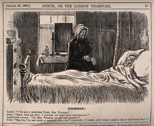 view An invalid in bed groaning at his servant's grammatical error. Wood engraving by C. Keene, 1880.