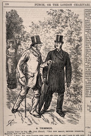 view A country doctor enquiring how a farm worker has voted. Wood engraving by C. Keene, 1880.