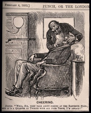 view A dentist examining a patients teeth and informing him they are all in exceedingly bad condition. Wood engraving by G. Du Maurier, 1882.
