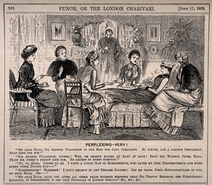 view An unwell woman bombarded by her five friends' different recommendations of a doctor. Wood engraving by G. Du Maurier, 1882.