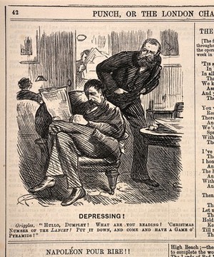 view A doctor reading the 'Lancet' in a gentleman's club: another member states it is boring, and suggests they play billiards which the doctor would find more boring. Wood engraving by C. Keene, 1883.