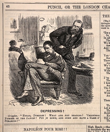 A doctor reading the 'Lancet' in a gentleman's club: another member states it is boring, and suggests they play billiards which the doctor would find more boring. Wood engraving by C. Keene, 1883.