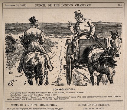 One country doctor asks another to assist him in a post mortem on the corpse of one of his successfully-treated patients. Wood engraving by C. Keene, 1883.